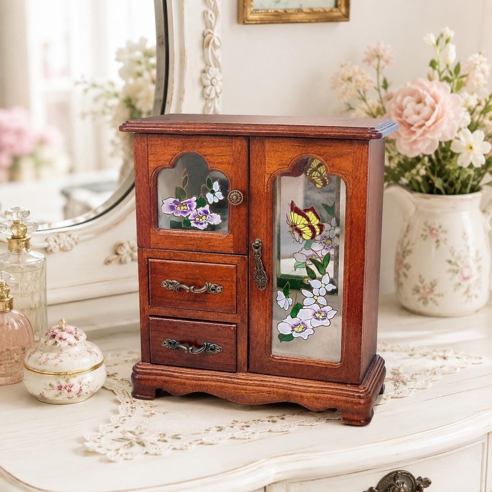 1980's Vintage Mele Wooden Jewelry Armoire Floral Stained Glass Butterfly Mirror